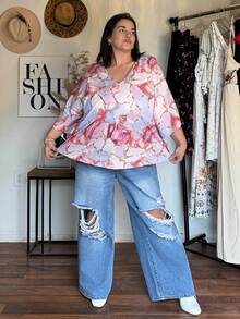 Enliva Jolene.Mendez Plus Size Boho Marble Print Batwing Sleeve Blouse, For Summer, For Apple Rounded Body Shape - Multicolor - View 6