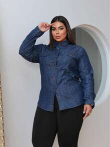 Women's Denim Shirt Check Launch With Adjustable Sleeve Casual Elegant Jeans Button - Navy Blue - View 2