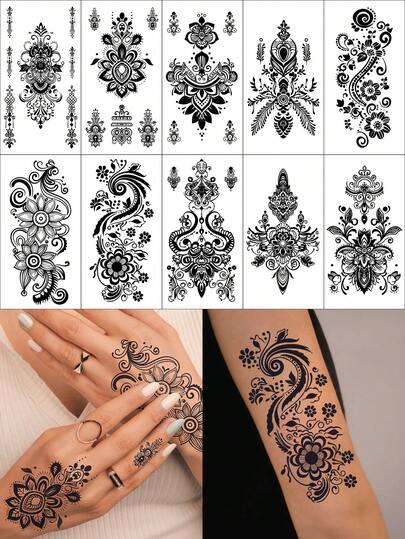 10pcs/Set Vintage Henna Style Temporary Tattoos, European And American Lace Fake Tattoo Stickers, Waterproof Arm Body Art Tattoo Decals