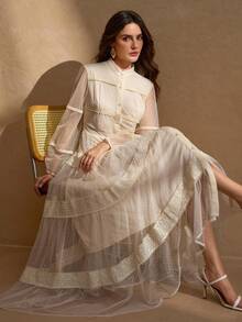 Elegant Multi-Layer Lace Patchwork Open Front Long Sleeve Women Cocktail Dress - Apricot - View 7