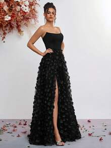 ADYCE Strapless High-Waisted Gauze Hem With Appliques Slit Lace-Up Floor-Length Party Dress For Prom Birthday Party Evening Date Homecoming Party Wedding Guest Formal Dinner Family Festival, New Year, Valentine's Day - Black - View 6