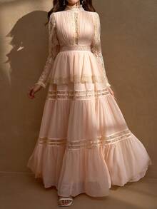 优雅蕾丝拼布镂空腰前开衩设计女式长袖浪漫奢华连衣裙 - 香檳色 - 查看 8