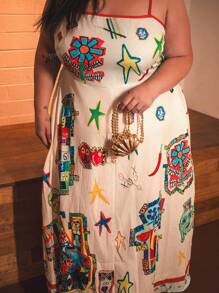Truni Plus Size Women Digital Printed Patchwork Dress With Adjustable Straps Bohemian Style A-Line Dress For Spring And Summer