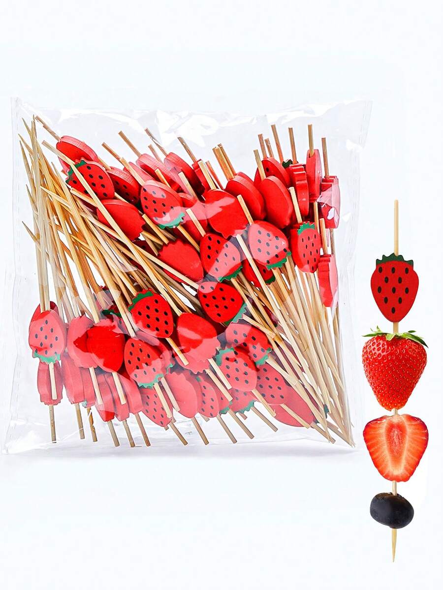 100支/50支/20支装红色草莓水果竹签，4.7英寸草莓主题生日派对长竹签，适用于家庭、婚礼、情人节、生日派对、父亲节食品、水果装饰