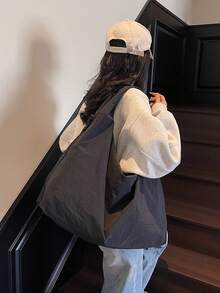 大号和小号纯色休闲帆布单肩包，大容量大学生手提包，可折叠，轻便，多口袋和拉链开合，适合日常使用、购物、短途旅行、露营