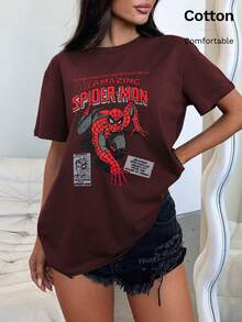 Amazing Spider-Man Pattern, 100% Cotton T-Shirt, Casual Everyday Spring Summer Round Neck Short Sleeve Fit Women's Tops, Date Top - 棗紅色 - 查看 1