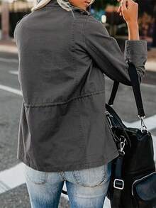 Womens Casual High Neck Long Sleeve Button Detail Regular Woven Fabric Trench Coat - Màu xám đen - Xem 3