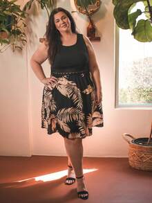 Truni Sometimesglam Plus Tropical Print Guipure Lace Insert Summer Boho Dress, Beach Dress Sundress,Holiday Outfits, For Pear Triangle Body Shape - Black - View 7