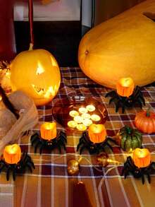 4/2/1Pack Halloween Spider Tea Lights, Novelty LED Flameless Spider Candle Holder Lamp Battery Operated Orange Tea Light For Halloween Party Table Home Spooky Decoration, Thanksgiving Decoration, Halloween Decoration, Fall Decoration, Harvest Festival Decoration, Room Decoration, Bedroom Decoration,Halloween Decor