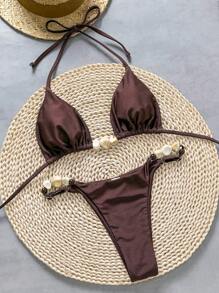Bikinx Women's Brown Halter Backless Beaded Bikini Set With Tie Back And High Stretch Fabric