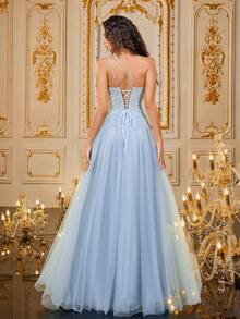 VIPGIRL Vestido formal asimétrico de cuello dividido con malla, elegante vestido de noche, boda y graduación para invitados, para cena y fiesta - Azul - Ver 2