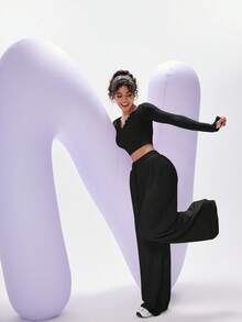 PinkTip Stylish Knit Two - Piece Set: Cropped Top & Wide - Leg Pants - Black - View 6