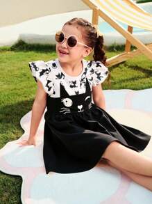 Seven Princess Robe d'été à manches courtes, taille cintrée et coupe évasée avec imprimé chat mignon, pour jeunes filles. Style décontracté de princesse pour vacances.