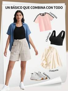Shorts casuales de verano para mujeres, con bolsillos y cordón, Bermuda shorts de lino y shorts básicos de lino de unicolor sueltos de longitud hasta la rodilla,Ropa de ocio de moda - Caqui - Ver 7