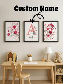 3 pezzi di arte murale personalizzata con nome senza cornice, cartellone su tela con fiori selvatici personalizzati, decorazione da parete rossa, decorazione per la camera dei bambini, decorazione da parete per la camera delle ragazze, cartellone per decorazione dell'asilo, senza cornice, regalo di compleanno perfetto, arte per la nursery, decorazione back to school