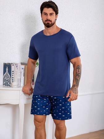 2pcs Men's Navy Blue Short Sleeve Top And Anchor Print Shorts Pajama Set