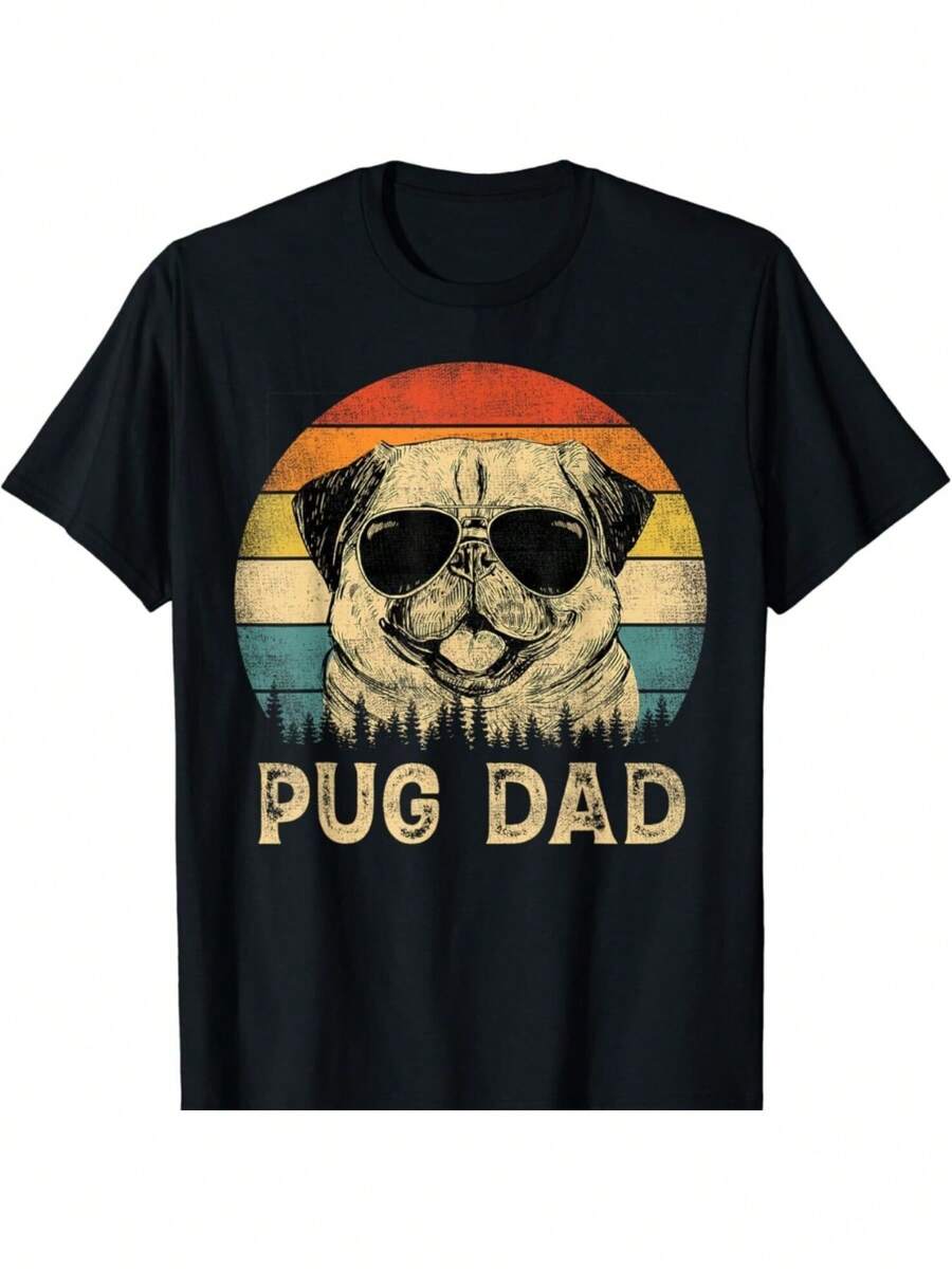 Vintage Pug Dad Graphic T-Shirt - Perfect Father's Day Gift For Dog Lovers, Casual Cotton Tee With Retro Design, All-Season Family Shirt, Fathers Day T Shirts - 黑色 - 查看 1