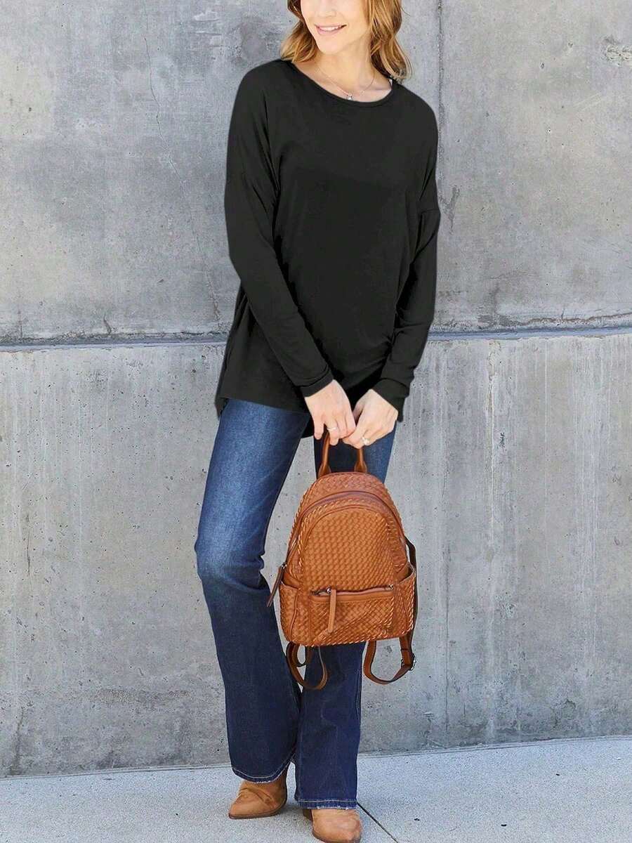 Women's Casual T-Shirt Loose-Fit Tunic Solid Basic Long Sleeve Crew Neck Top Olive Green Long Sleeve Soft Knit Fabric Relaxed Fit Round Neck Hip-Length Solid Pattern Fall/Winter Basic Layering Piece Ideal For Everyday Comfort - màu đen - Xem 1