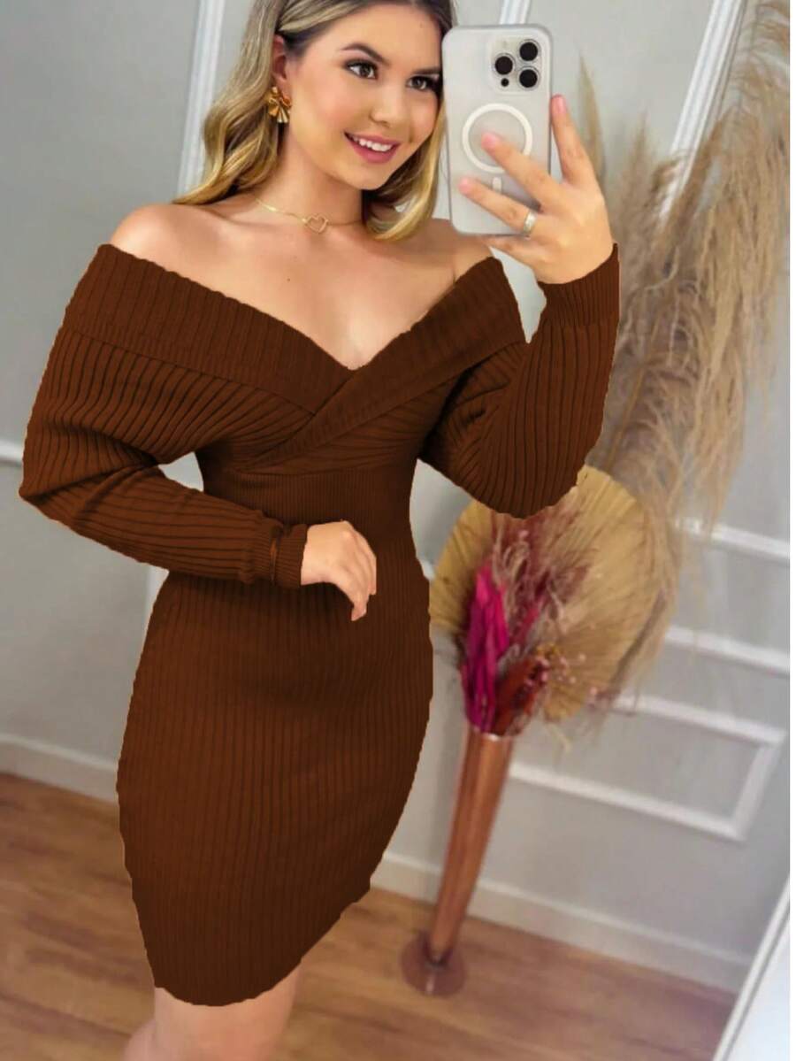 Elegant Modal Dress Women Long Sleeve Off Shoulder Winter Fashion Casual Solid Color Dresses - 棕色 - 查看 1