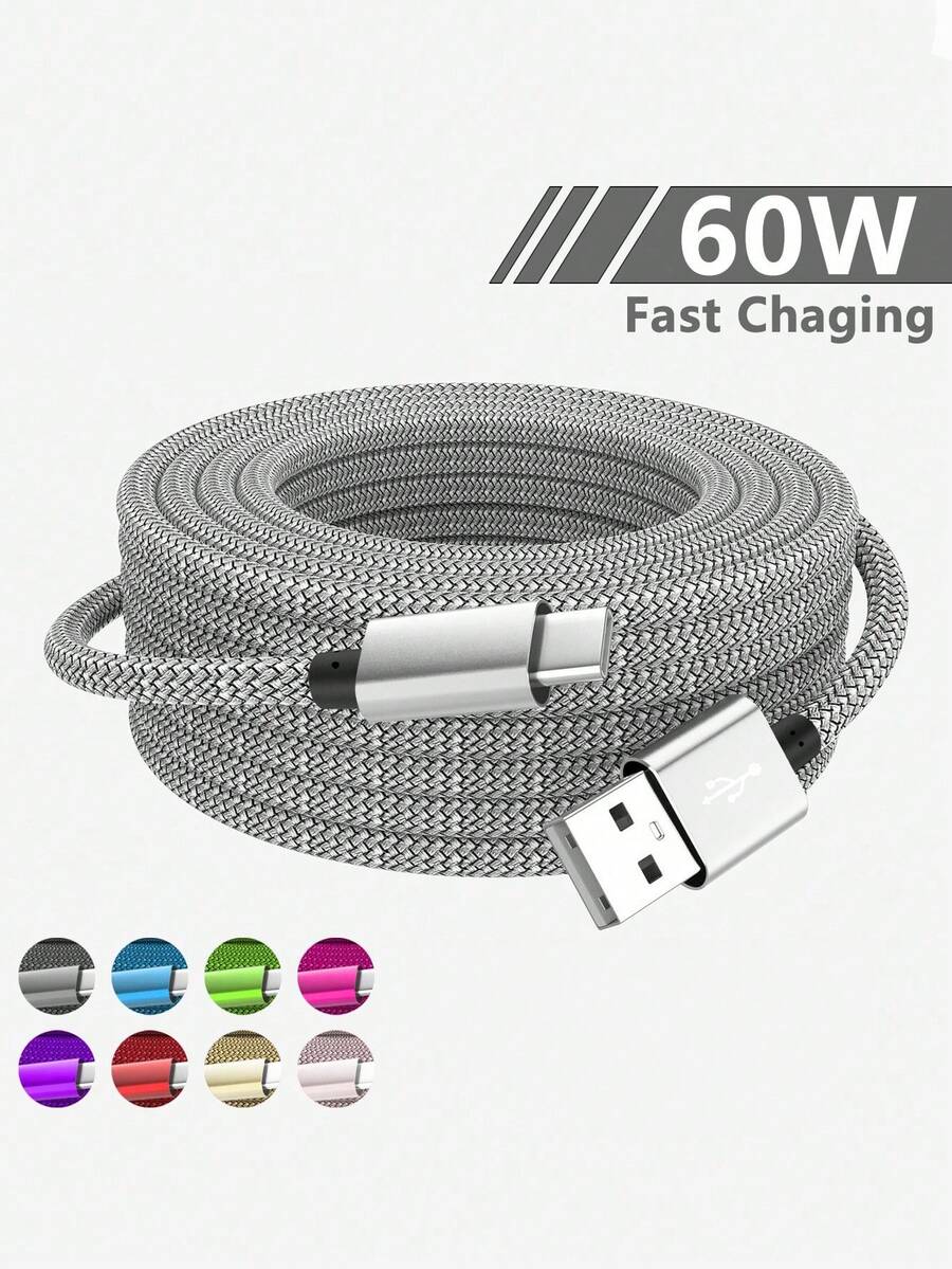 60W USB A 转 Type C 充电线 3.3 英尺/6.6 英尺/9.9 英尺，USB A 转 USB C 数据线手机尼龙编织数据线 Type-C 充电器线兼容三星 Galaxy S25 S24 S23 S22 S21 S20 - 多色 - 查看 1