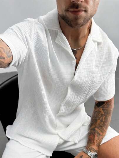 Men's Casual Vacation Summer Outdoor & Daily Wear, Classic Solid Color Loose Short Sleeve Shirt, Button-Up, Ideal For Hawaii Beach Vacation, Music Festivals And Everyday Wear.