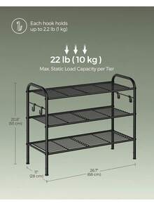 Shoe Rack, 3-Tier Shoe Organizer, Metal Shoe Shelf Storage With 4 Side Hooks, Holds 12 Pairs Of Shoes, Height-Adjustable Shoe Rack For Entryway, Hallway, Closet, Easy Assembly - Black - View 5