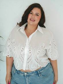 Truni Plus Size Hollow Out Embroidered Solid Color Short Sleeve Shirt With Front Button Closure, Casual Summer