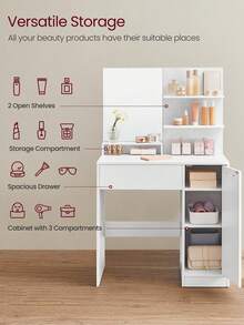 Dressing Table, Makeup Table, Vanity Table With Mirror, 1 Drawer, 2 Shelves, Storage Cabinet, Makeup Organiser, White - White - View 4