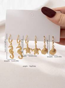 6pcs/Set Ocean Theme Earrings Set Featuring Turtle, Shell, Seahorse, Starfish, Beach & Seashell Charm Designs, Suitable For Summer