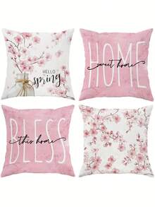 4pcs Contemporary Floral Velvet Throw Pillow Covers, Soft Cosy, One Sided Printing, Pink White, Polyester 100%, Machine Washable, Zipper Closure, For Summer Living Room, Bedroom, Sofa, Bed Decor - Pink - View 1