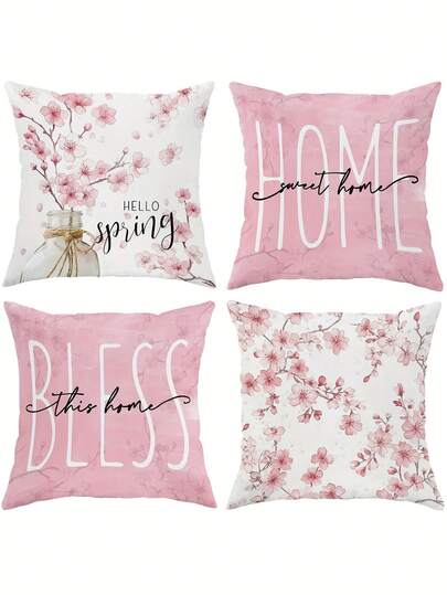 4pcs Contemporary Floral Velvet Throw Pillow Covers, Soft Cosy, One Sided Printing, Pink White, Polyester 100%, Machine Washable, Zipper Closure, For Summer Living Room, Bedroom, Sofa, Bed Decor