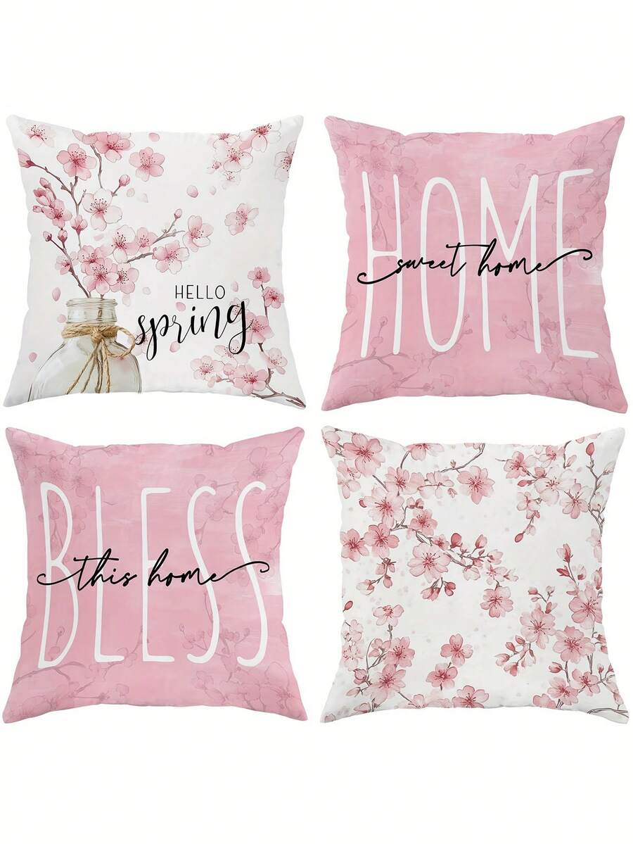 4pcs Contemporary Floral Velvet Throw Pillow Covers, Soft Cosy, One Sided Printing, Pink White, Polyester 100%, Machine Washable, Zipper Closure, For Summer Living Room, Bedroom, Sofa, Bed Decor - Pink - View 1