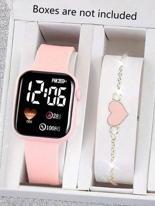 2/1 pieza Reloj electrónico digital cuadrado de moda y lindo y pulsera con forma de corazón para estudiantes de secundaria y preparatoria, como regalo de regreso a la escuela y para dar a amigos