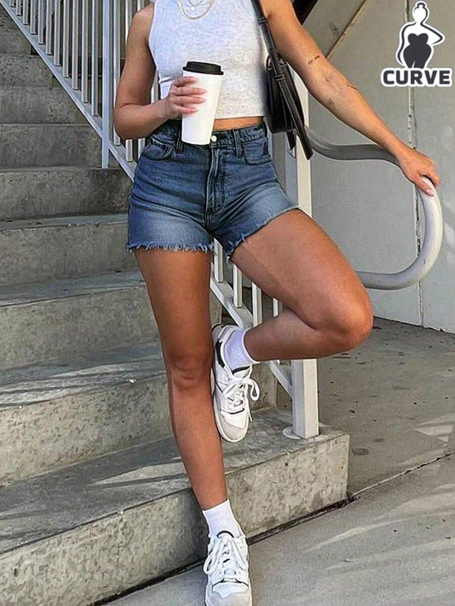 Pantaloncini casual larghi e dritti per donne taglia comoda - Blu lavato scuro - Visualizzare 1