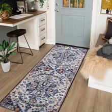 1pc Vintage Distressed Boho Long Runner Rug, 1000g Velvet + 300g Foam Backing Combination Carpet, Classic American Floral , Suitable For Living Room, Bedroom, Kitchen, Bathroom, Laundry, Hallway, Entryway, Game Room, Boy's Room, All Season Home Decor