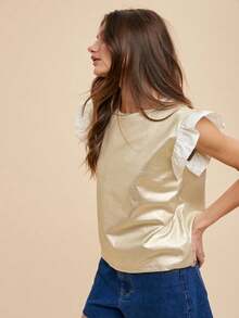 Womens Casual Blouse Elegant Romantic Ruffled Sleeve Top Feminine French Style Round Neck Sleeveless Design Delicate Flutter Detail Cream White Summer Spring Office Day Wear Basic Fashion Statement Daily Outfit - VÀNG BĂNG - Xem 5