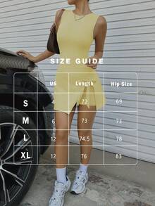 FWH 二合一防走光休闲优雅高尔夫网球服，无袖日常基本款新款时尚腰带高级显瘦性感修身学院风美背紧身运动健身系带瑜伽连衣裙夏季 - 黃色 - 查看 3