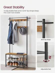 Coat Rack, Coat Stand With Shoe Storage Bench, Hall Tiree With Shoe Rack, 3-In-1 Design, Steel Frame, For Hallway, Entrance, 32 X 70 X 177 Cm, Modern, Walnut Brown And Black - Yellow-brown - View 5