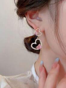 1 Pair French Pink Hollow Heart Dangle Earrings, Elegant Lady Style, Charming & Sweet Jewelry