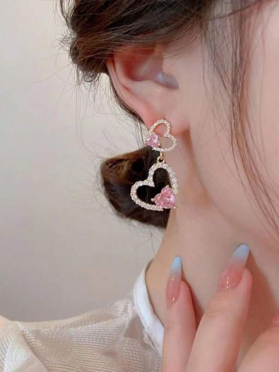 1 Pair French Pink Hollow Heart Dangle Earrings, Elegant Lady Style, Charming & Sweet Jewelry