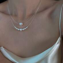 1pc Silver Pearl Necklace, Minimalist Design, Delicate Women's Choker Necklace - Temperament Double Layer Pearl - View 7