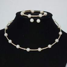 4 Peças Conjunto de Colar, Pulseira e Brincos com Pérola Francesa de Fileira Única, Zircônia, Strass, Acessórios de Vestido de Noiva e Casamento, Colar Gargantilha