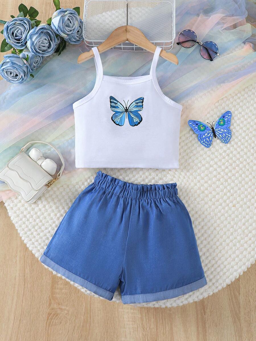 休闲幼儿女童两件套服装，蝴蝶印花背心和仿牛仔短裤，适合 4-7 岁女童户外穿着，夏季