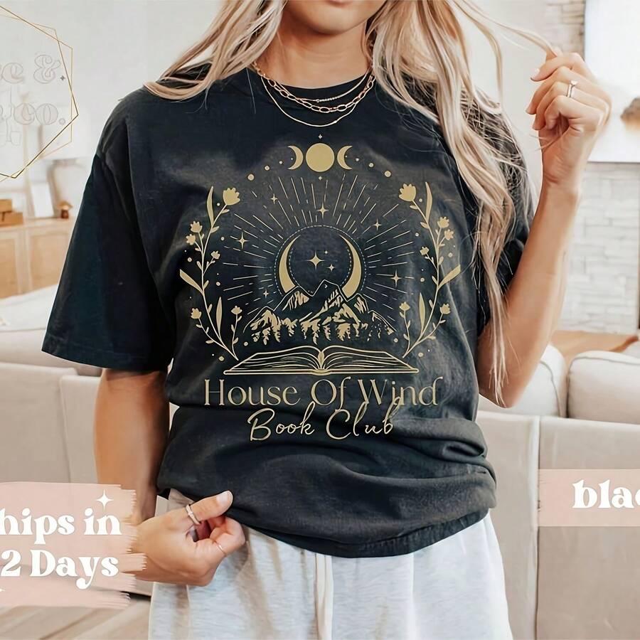 ACOTAR House Of Wind Book Club Shirt, Velaris Night Court House Of Wind Library Licensed Sarah J Maas Merch Valkyrie Reading Room SJM_T-Shirt For Women, 220g Cotton Casual Graphic Tee Lightweight Yet Durable Crew Neck Shirt For Beach Trips, Airplane Travel, Weekend Getaways, Or Road Adventures, Stylish And Comfortable Summer Outfit With Loose Fit For Maximum Comfort, Aesthetic Worthy Graphic Tee For Photos And Reels - Black - View 1