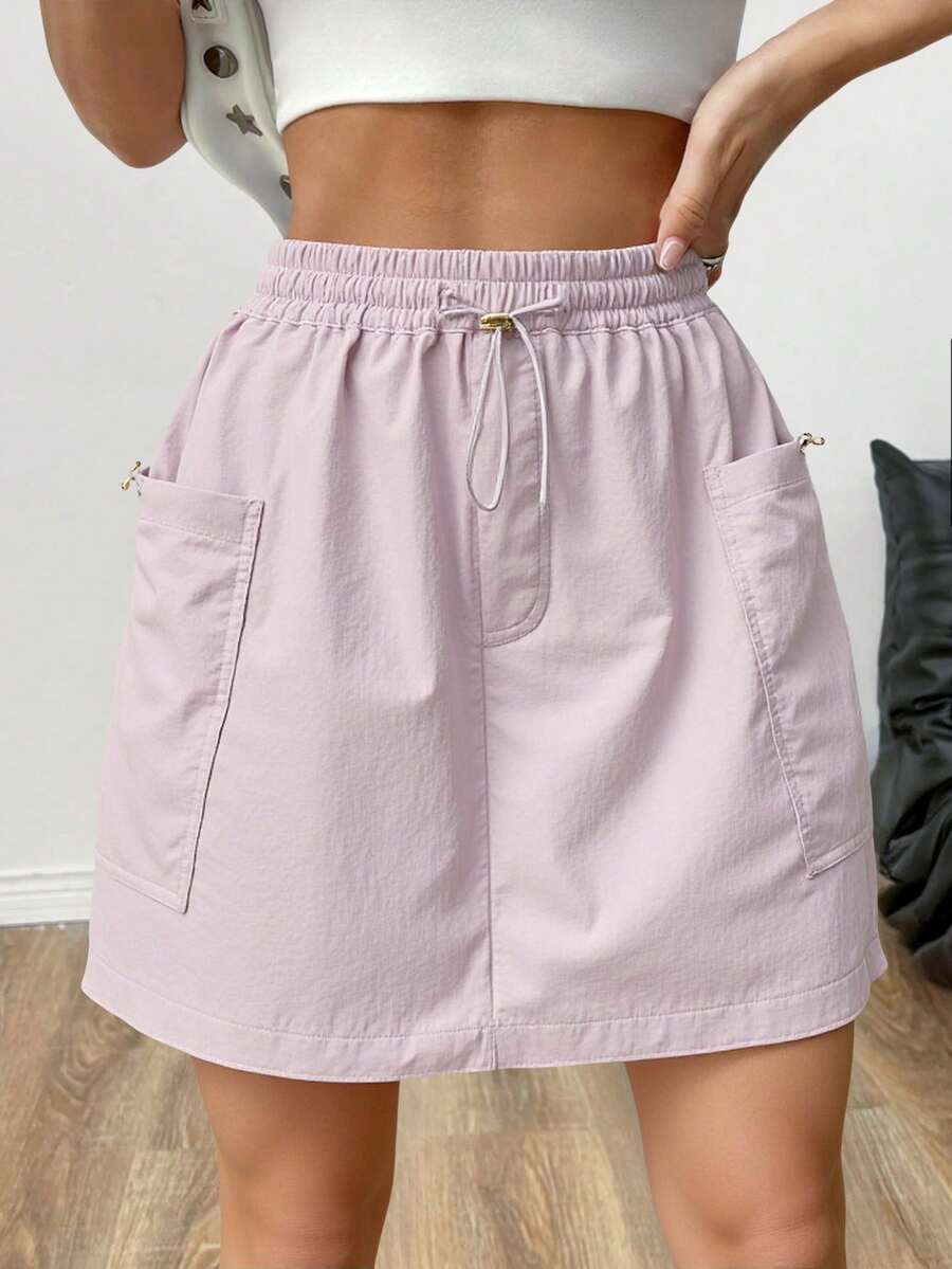 Falda cargo con bolsillo con solapa de cintura con cordón Liso Elegante Casual Fiesta Nudo Bolsillo Cordón - Lila Púrpura - Ver 1