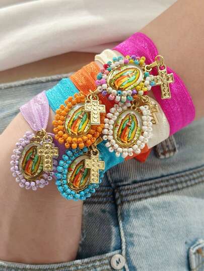 1 pieza Pulsera elástica con colgante hecho a mano de la Virgen María con cuentas, adecuado para uso diario de mujeres