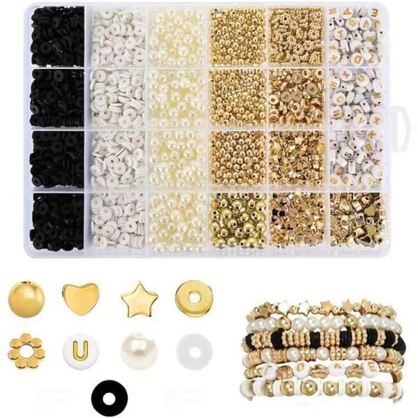 Juego de fabricación de joyas de cuentas de arcilla, que incluye cuentas sueltas con espacios dorados en D, perlas imitación y cuentas con letras para hacer pulseras de amistad DIY