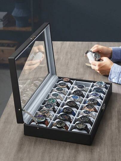 Watch Box, Lockable Watch Case, Watch Storage Box With 24 Slots, Glass Lid, Gift For Loved Ones, Black Synthetic Leather, Grey Lining
