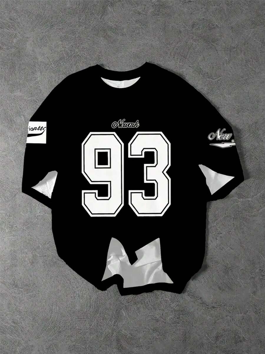 Áo thun nam in kỹ thuật số màu đen & thiết kế ngôi sao, áo thun cổ tròn polyester thường ngày, có thể giặt bằng máy - Nhiều màu - Xem 1