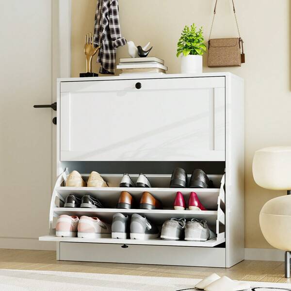 VOWNER Meuble à chaussures VOWNER avec 2 portes à abattants et 6 étagères, organiseur de rangement pour chaussures d'entrée avec design anti-basculement (blanc, 80 x 30 x 80 cm)